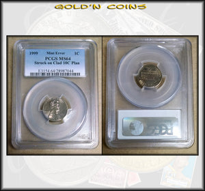 1999 Lincoln Cent Mint Error Struck on Clad 10C Planchet PCGS MS64